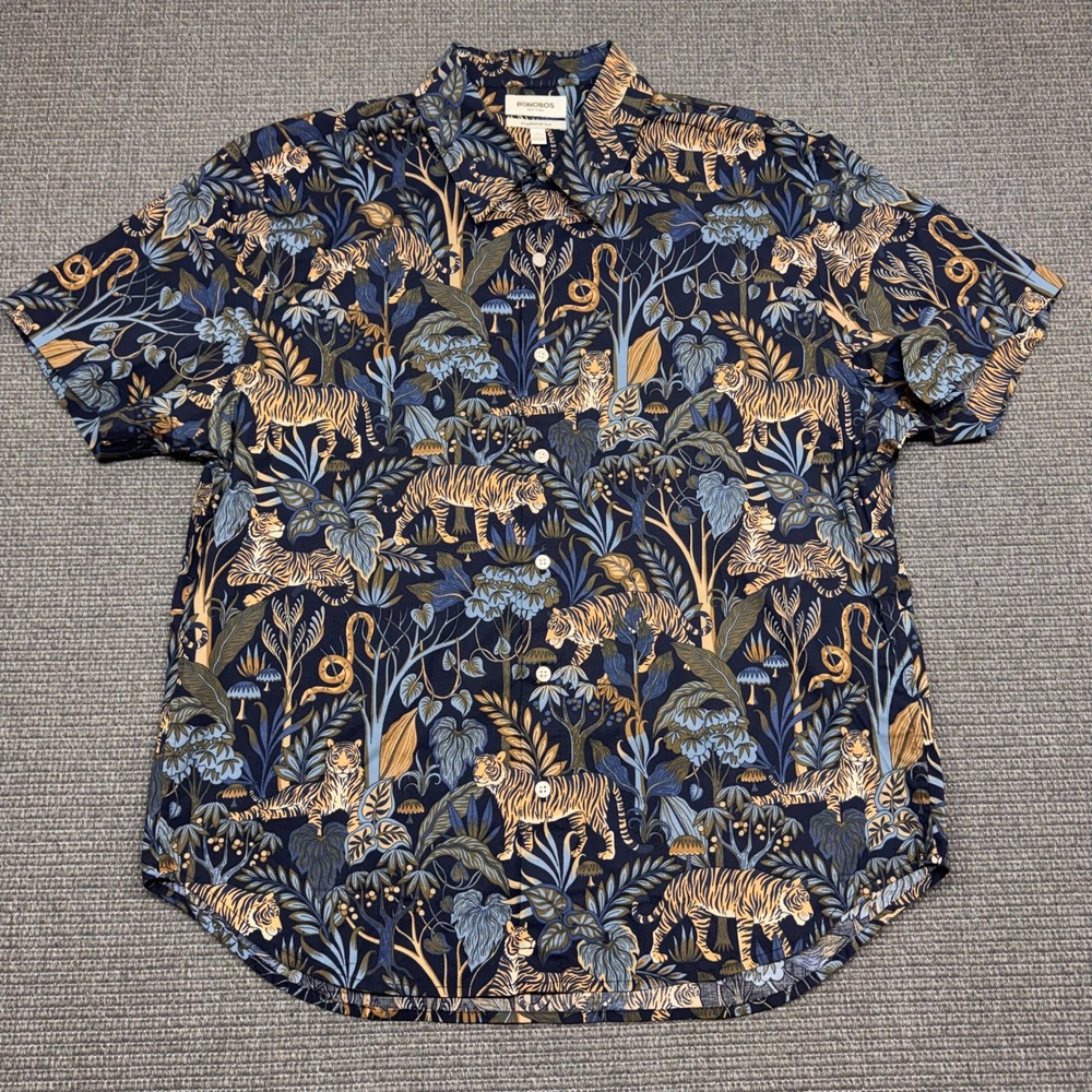 Bonobos Mens Standard Fit Jungle Tiger Print Short Sleeve Button Down Shirt L